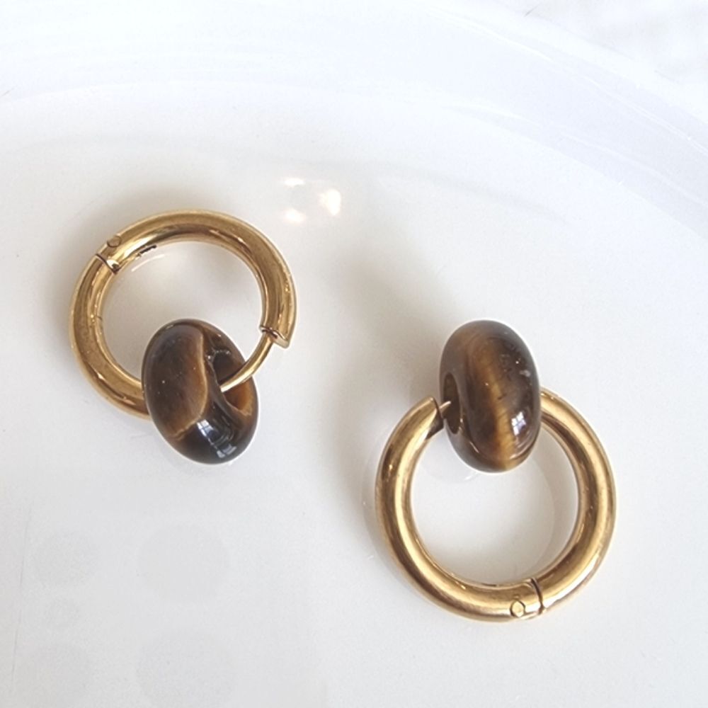 SOFT SURROUNDINGS Onion Hoop earrings tiger's eye gold plated | NWOT - Picture 4 of 8